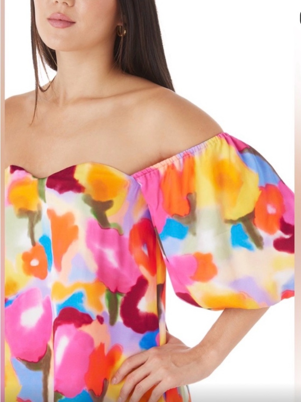 Crosby by Mollie Burch Off-Shoulder Watercolor Floral Puff-Sleeve Dress XL